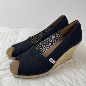 Toms Black Canvas Peep Toe Wedges